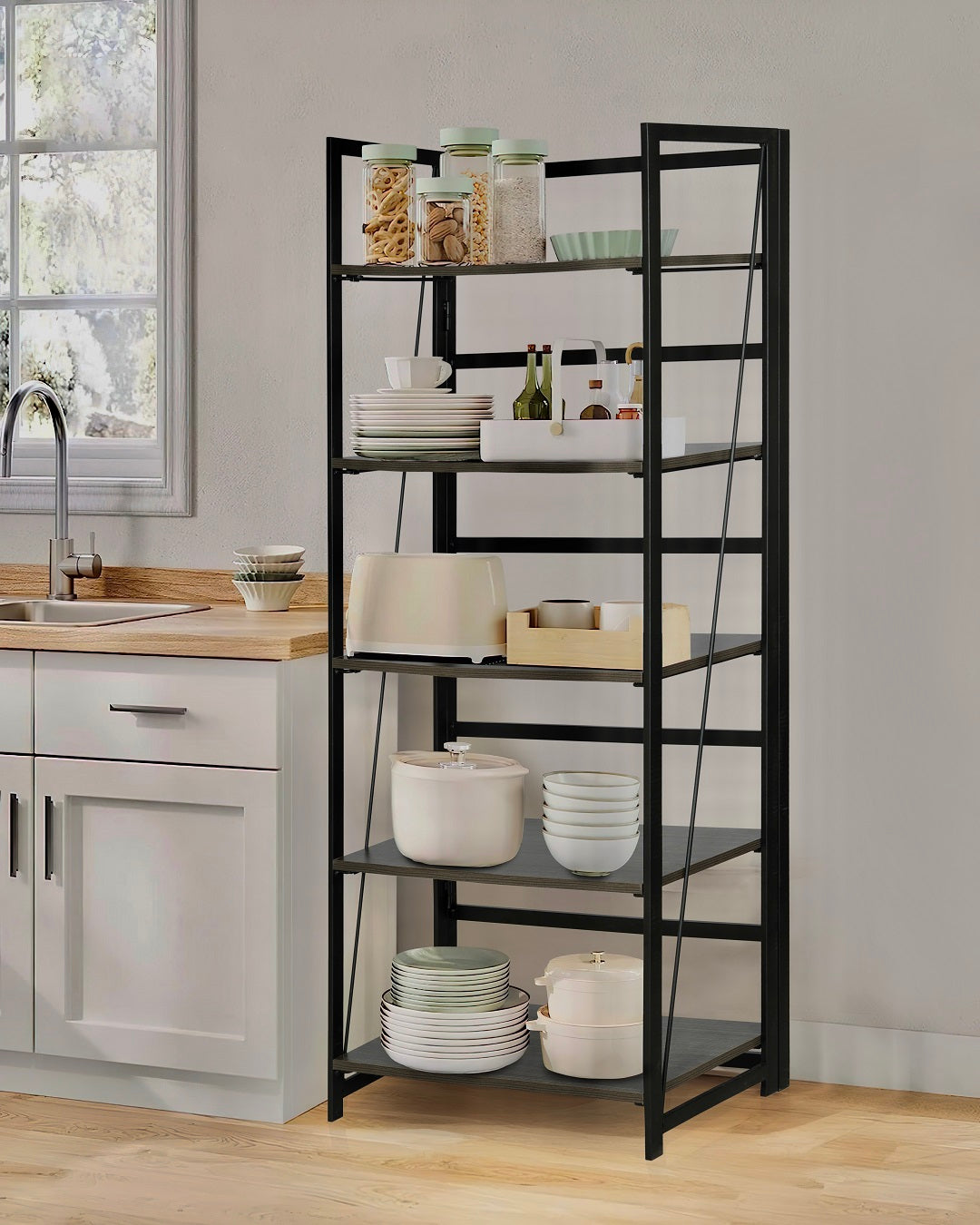 ARLAVYA Powder Coated and Engineered Wood 5-Tier Foldable Storage Rack Book Shelf Utility Organizer