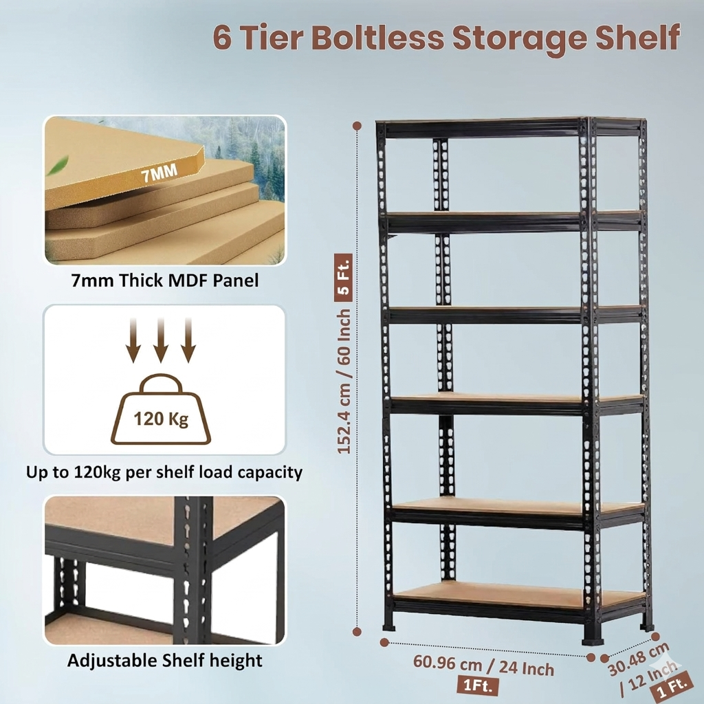 ARLAVYA Heavy Duty 6-Tier Multipurpose Adjustable Boltless Storage Rack and Shelves, Display Unit
